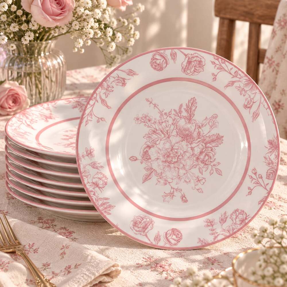 Pink Floral Salad Plates Dinnerware Set Chinoiserie Ceramic